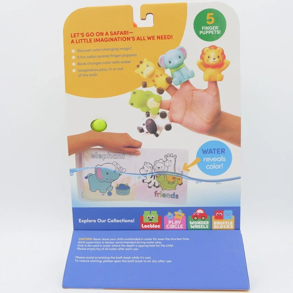 Battat Safari Friends -5 Finger Puppets & Color Changing Book For Bath Time 10M+